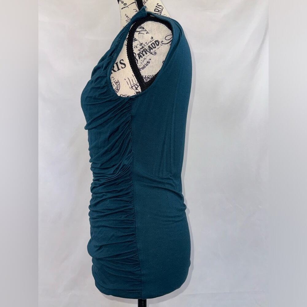 Ann Taylor: Flattering Teal Gathered/Draped Sleeveless Blouse - Picture 2 of 8